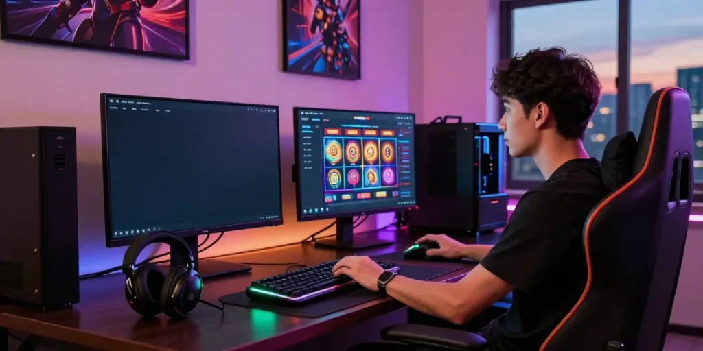 Engaging gaming lounge scene with YUMETOTO login setup and vibrant atmosphere.