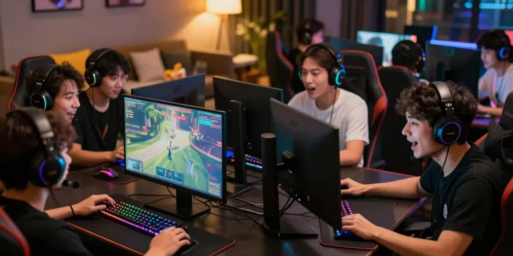 Exciting game online scene with players strategizing in a vibrant gaming room.