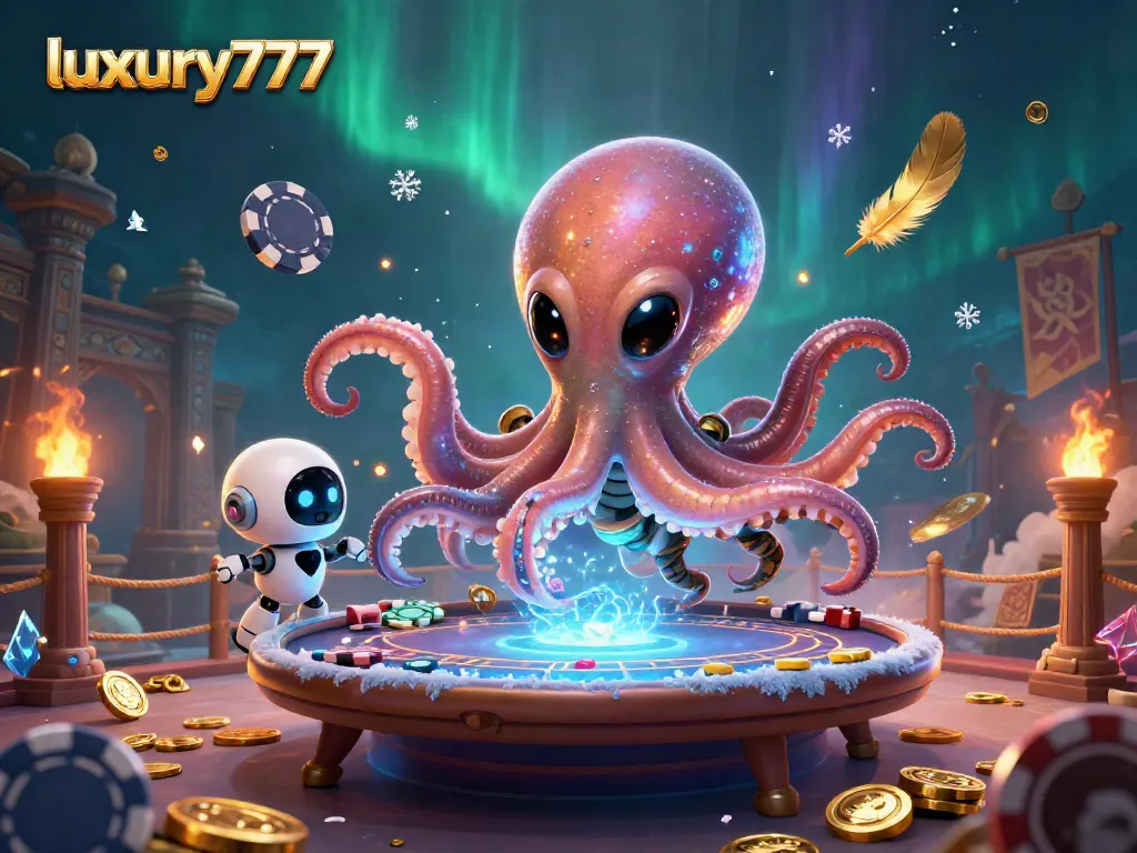 Experience thrilling gameplay with luxury777's alien octopus and robot at a holographic poker table.