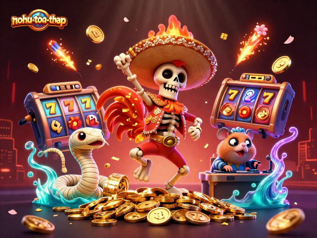 Engage with nohu-toa-thap as characters dance on coins amidst vibrant 3D casino elements.