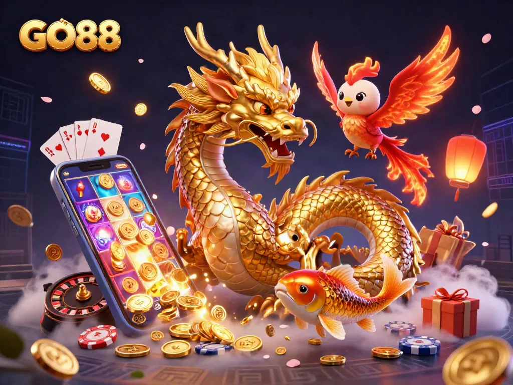 Engage with thrilling gaming action in GO88 featuring dynamic dragon, phoenix, and koi amidst casino elements.