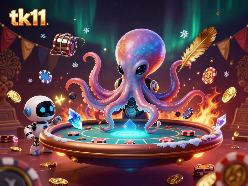 Engage in thrilling virtual poker with the dynamic tk11 alien octopus and its robot companion.