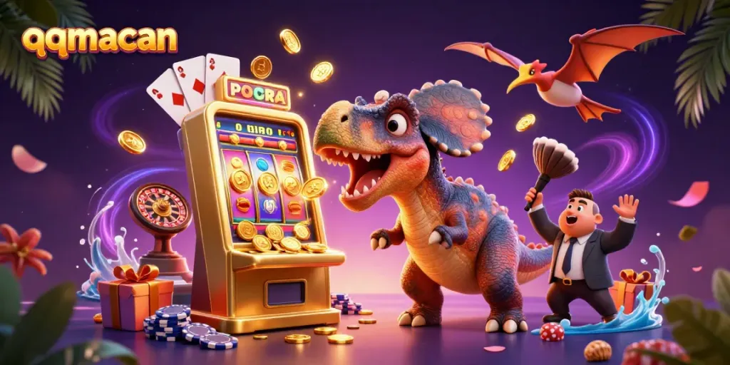 Experience the thrills of qqmacan with a cartoon dino and dynamic casino elements.