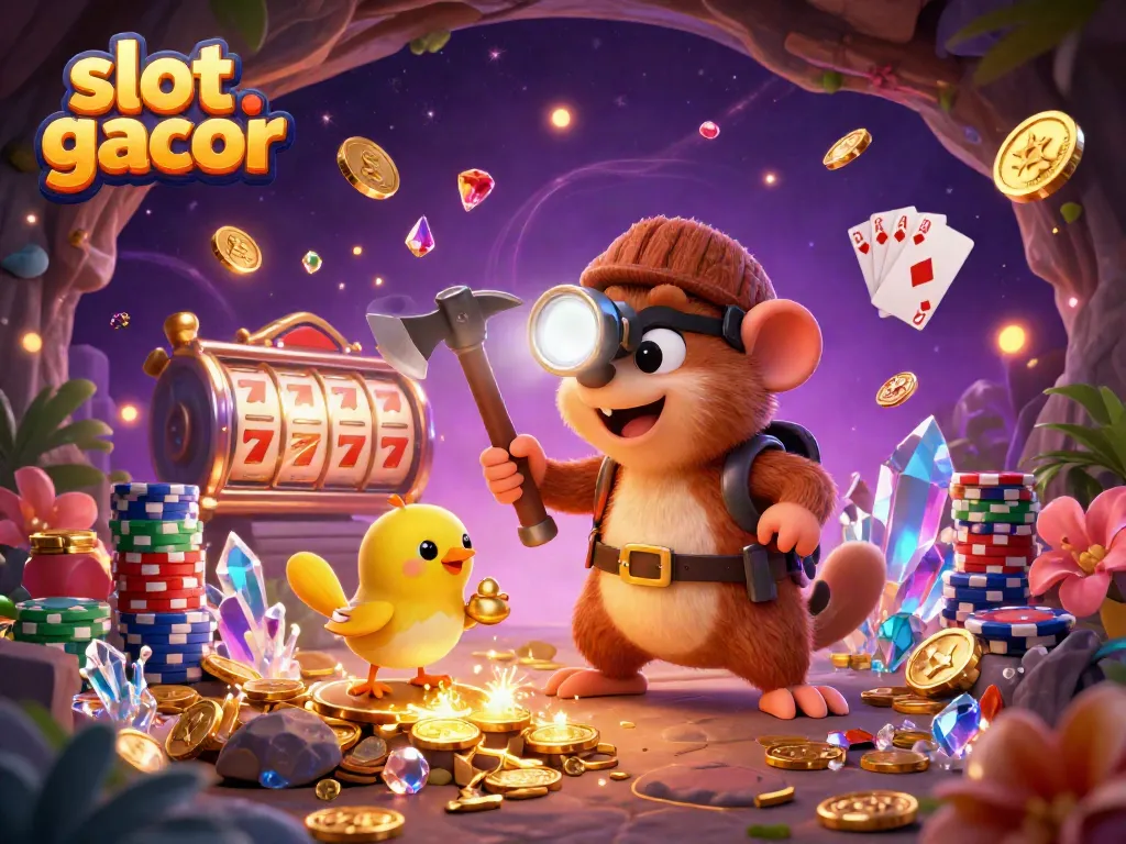 Experience the thrill of slot gacor with a treasure hunter mole amidst golden coins and shining gems.