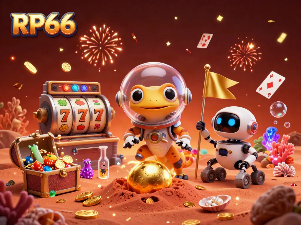 Witness RP66's Martian gecko uncovering a golden casino amidst slot reels and vibrant treasures.