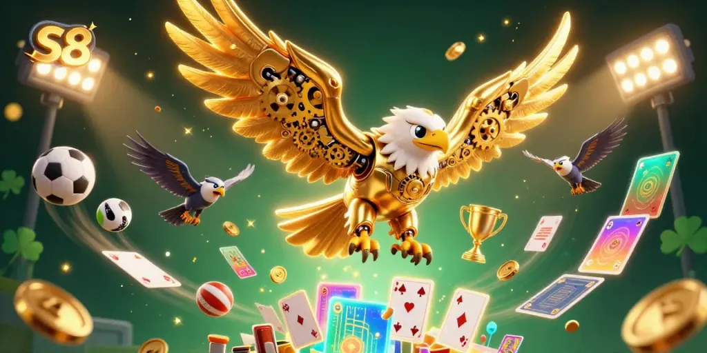 Experience thrilling S8 action with a cybernetic golden eagle amidst dynamic casino elements.